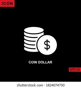 coin dollar vector icon on black background. Illustration flat glyph icon for graphic, print media interfaces and web design