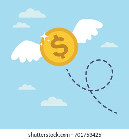 Coin dollar with wings flying in the sky. Lost money concept. Vector illustration