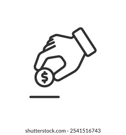 Coin donation hand, icon in line design. Coin, donation, hand, charity, money, giving, support on white background vector. Coin donation hand editable stroke icon