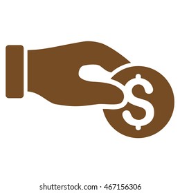 Coin Donation icon. Vector style is flat iconic symbol with rounded angles, brown color, white background.