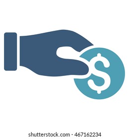 Coin Donation icon. Vector style is bicolor flat iconic symbol with rounded angles, cyan and blue colors, white background.