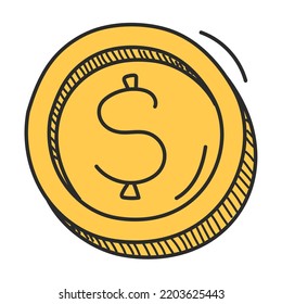 Coin Doodle Icon Vector Isolated. Golden Coin With Dollar Sign On It. Concept Of Finance, Cash And Wealth.