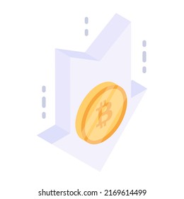 Coin with down arrow, isometric icon of bitcoin loss 

