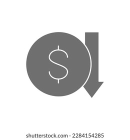 Coin with down arrow, money interest rate reduction grey fill icon. Finance, payment, invest finance symbol design.