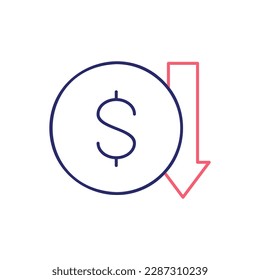 Coin with down arrow, money interest rate reduction outline color icon. Finance, payment, invest finance symbol design.