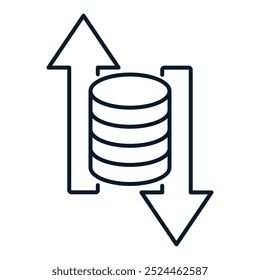 Coin, up and down arrows. Concept of decrease or increase of currency rate, money rates, deposit income. Vector icon isolated on white background.