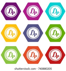 Coin drachma icon set many color hexahedron isolated on white vector illustration