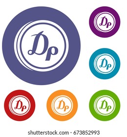 Coin drachma icons set in flat circle reb, blue and green color for web