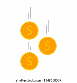 Coin Drop, Earn Money, Dollar, Finance, Business, No Background, Vector, Flat Icon, Falling Coins, Falling Money, Flying Gold Coins, Golden Rain.