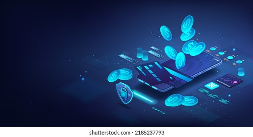 Coin drop into a mobile phone. Concept - deposit, online banking, smart wallet, save money, cashback. 3d isometric illustration with credit or debit cards, charts, coins and a shield with a lock