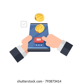 Coin drop in phone. Businessman buys coins on phone. Hand holding phone and finger pushing pay button. Vector flat illustration isolated on white background