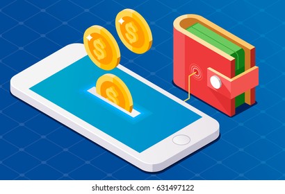 Coin Drop In Phone. Wallet Connect To Phone. Isometric Illustration.