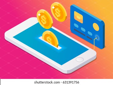 Coin drop in smartphone and in your card. Earn money. Isometric style. Gradient background.