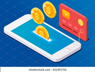 Coin drop in smartphone and in your card. Earn money. Isometric style. Blueprint background.