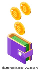 Coin drop in wallet. Isometric illustration.