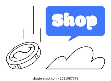 Coin dropping with a shop sign and a simple cloud element. Ideal for retail, commerce, online shopping, e-commerce, and finance themes. Simple, minimal, modern style