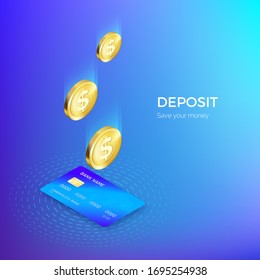 Coin drops into credit card isometric banner. Banking or payment service. Deposit replenishment and saving money. Vector illustration in blue color