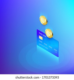 Coin drops into credit card isometric banner. Banking or payment service. Deposit replenishment and saving money. Vector illustration