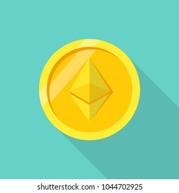 Coin ethereum. Crypto currency. Digital money. Golden coin isolated on background with long shadow. Vector illustration flat design. Blockchain cryptocurrency.
