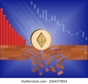 coin of ethereum falls down with drop chart on a blue background. Crypto currency breaks through the brick wall of support.Vector image design concept