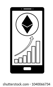 coin ethereum with growth chart on the phone screen, vector icon, black and white design