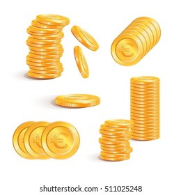 Coin euro. Euro money. Stacks of gold coins, vector. Euro gold coins with euro signs.  Business concept.