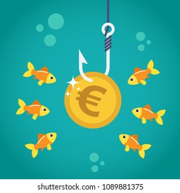 Coin Euro On Fishing Hook And Hungry Fishes In Temptation To Catch A Dollar. Money Trap Concept. Vector Illustration