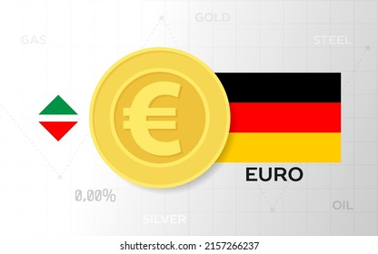 Coin with euro sign and Germany flag. Rise and fall chart template of exchange rate or currency exchange with precious metals 