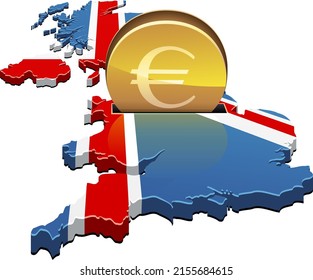 A coin with the euro symbol is inserted into a slot in the United Kingdom 3D map in the colors of the British flag like a piggy bank (cut out)