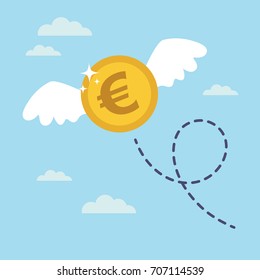 Coin euro with wings flying in the sky. Lost money concept. Vector illustration