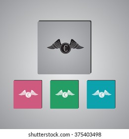Coin euro with wings icon vector