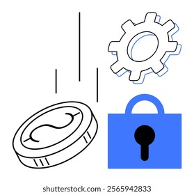 Coin falling into a lock with a gear symbol. Ideal for finance, security, technology, investment, and digital transactions. Simplistic and modern style