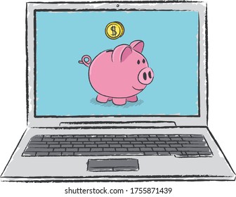 Coin falling into piggy bank on laptop screen. Vector illustration on transparent background.