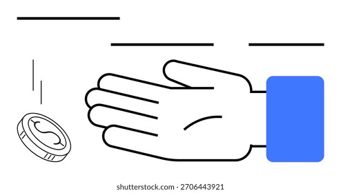 Münze fällt auf eine offene Hand zu, Arm in blauem Ärmel. Schwarze Linien über und um. Ideal für Finanzen, Chancen, Risiken, Investitionen, Einsparungen bei der Entscheidungsfindung und Wirtschaft. Linienmetapher