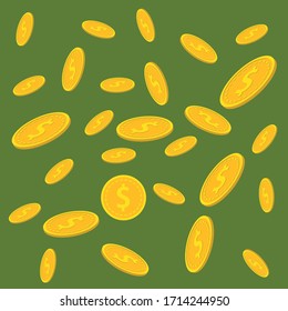 The coin falls. Coins are spread on a green background. Coin illustration. Jackpot or success concept, coins fall illustration