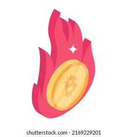 Coin with fire, isometric icon of bitcoin loss 
