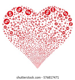 Coin fireworks with heart shape. Vector illustration style is flat red iconic symbols on a white background. Object valentine heart constructed from confetti pictograms.