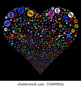Coin fireworks with heart shape. Vector illustration style is flat bright multicolored iconic symbols on a black background. Object valentine heart combined from random design elements.