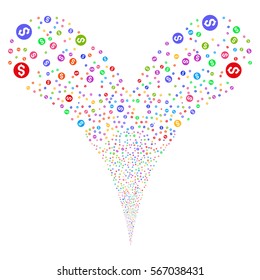 Coin fireworks stream. Vector illustration style is flat bright multicolored iconic symbols on a white background. Object double fountain combined from random symbols.