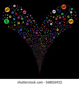 Coin fireworks stream. Vector illustration style is flat bright multicolored iconic symbols on a black background. Object double fountain made from random pictographs.