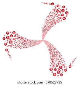 Coin fireworks swirl rotation. Vector illustration style is flat red iconic symbols on a white background. Object whirlpool created from random pictographs.