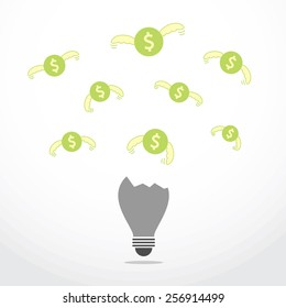 coin flying from broken idea bulb