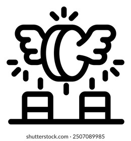 Coin flying over two stacks of coins with wings representing fast money transfer concept