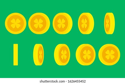 Coin with Four-leaf Clover rotating. Vector sprite sheet isolated on plain background. Can be used for GIF animation 