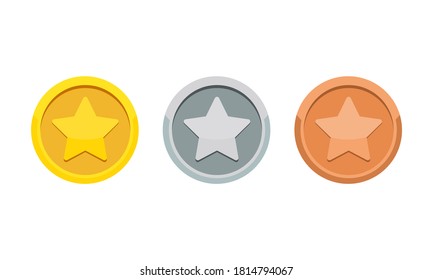 Coin Game Medal With The Star Icon. Gold, Silver And Bronze Medal. 1st, 2nd And 3rd Places Award. Vector On Isolated White Background. EPS 10