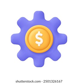 Moneda con engranaje o rueda dentada. Proceso de pago, configuración de moneda, concepto de gestión de dinero. Icono de Vector 3D. Estilo minimalista de dibujos animados.