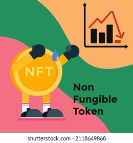The Coin Getting Sad due to Bad Stock Value. NFT graphic asset. Flat vector illustration isolated on colorful background.