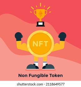 The Coin Getting A Winner Cup. NFT graphic asset. Flat vector illustration isolated on orange background.