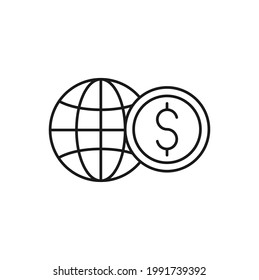 Coin with Globe icon Vector Design. Globe with Dollar Coin icon design concept for Banking, Finance, Currency and Trading Investment Business website, symbol, icon, sign, App UI template.