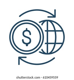 Coin and Globe with Switch Arrows vector icon in meaning Currency Exchange 